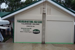 UNIFEED CLASSROOM. The P700,000 permanent one classroom building with 45 armchairs, wall to wall blackboard and ceiling fans for the Pangangan National High School in Talisay, Calape, Bohol.