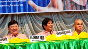 Senator Bongbong Marcos (center) with CCFOP exec. Director Charlie Avila and Efren Villasenor, CCFOP chair, during the coconut farmers Visayas area assembly yesterday held at Bohol Cultural Center, this city. (rvo)