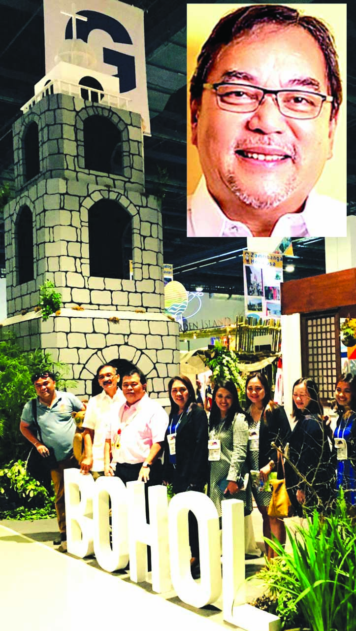 BOHOL at Phil. Travel Mart at SMX-Pasay with Rep. Rene Relampagos, PTC Chair Lucas Nunag, Prov'l Tourism Officer Jo Cabraus. Inset is DOT Sec. Ramon Jimenez, Jr.