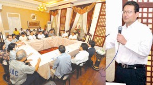 AIRPORT ON. Gov. Chatto presides monthly meeting for the New Bohol Airport Construction and Sustainable Environment and Protection Project (NBACSEPP) at the governor's mansion yesterday with representatives of DOTC, JAC, CMJV, EII construction, PPA, PLO, Local Monitoring Team, EDCOM, BEMO, among others, in attendance. Right foto shows Seiichiro Togashi, new project director of Chiyoda-Mitsubishi joint venture, main contractor of the airport.
