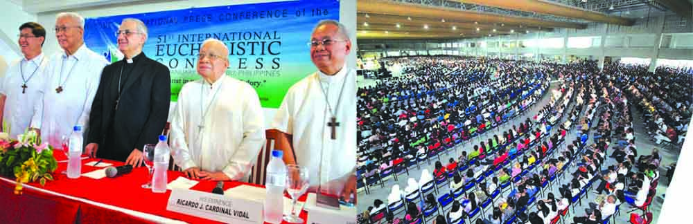 CHURCH LEADERS. Four Philippines cardinals and nuncio Archbishop Guissepe Pinto (in black) pitch in to promote the 51st International Eucharistic Congress which opens today at the 26,000-sq.m. IEC Pavilion at the San Carlos Seminary compound in Mabolo, Cebu City.