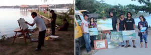 OUTDOOR PAINTING. Boholano visual artists taking time this holiday season to capture the beautiful sceneries in Dauis. Left photo shows the artists in action to captured the sunset at the back of Dauis church while the right photo show the artists with their artworks after the session at Bikini Beach. (L-R) Glenn Lumantao, Mae Ann Bautista, guest artist from Manila Melborne Aquino, Moying Ramos, Ranths Anunciado, and Goy Fullido. Foto: IRISH GLORI GALON