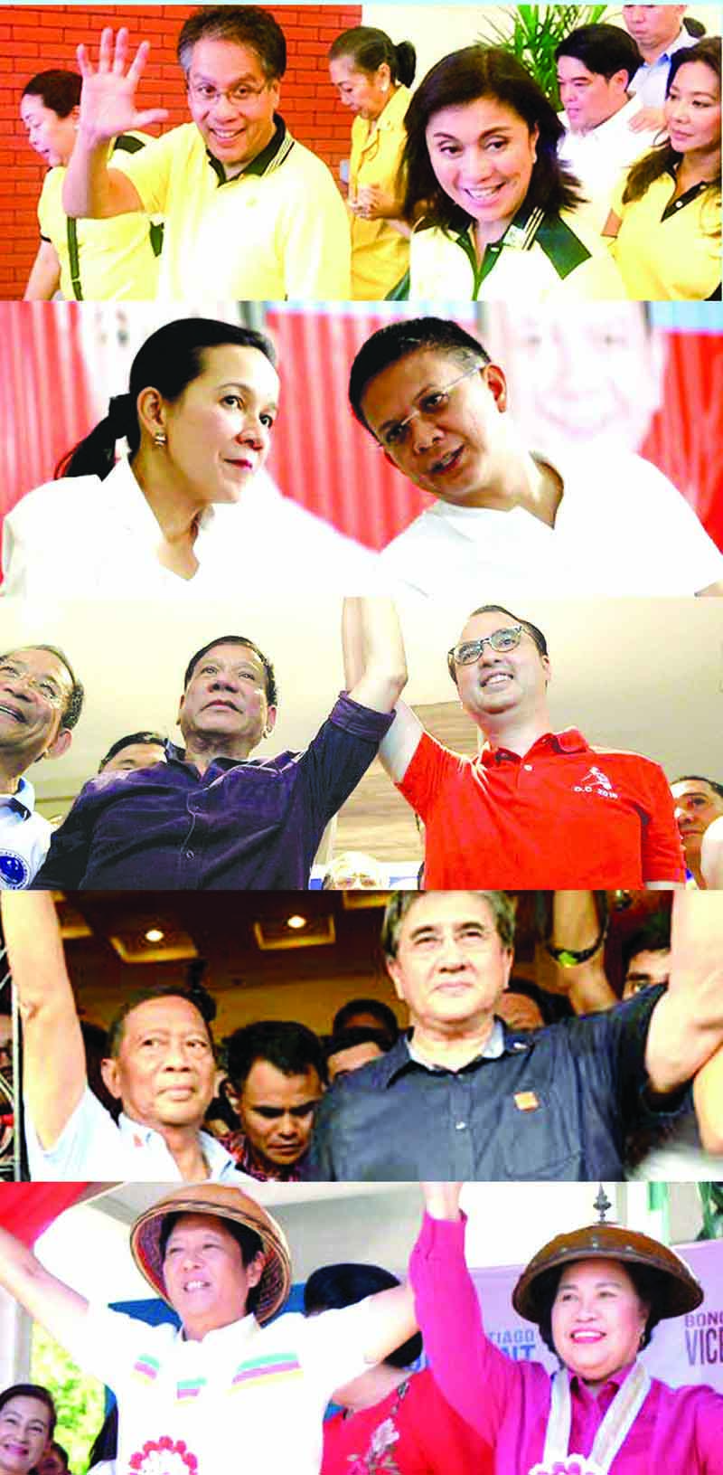 AND THE SHOW BEGINS. Impressive and colorful campaign launching held yesterday among the top five presidential bets, (clockwise) Mar Roxas and Leni Robredo in Capiz, Grace Poe and Chiz Escudero at Plaza Miranda, Rodrigo Duterte and Allan Peter Cayetano in Tondo, Manila, Jejomar Binay and Gringo Honasan in Mandaluyong City, Miriam Santiago and Bongbong Marcos in Batac, Ilocus.