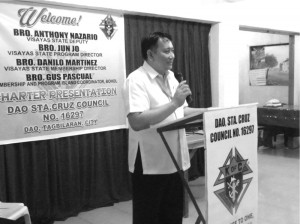 NEW KC. Visayas State Deputy Anthony P. Nazario giving his fraternal greetings to the charter members of the newly organized Dao, Sta. Cruz Council 16297, Dao District Tagbilaran City.