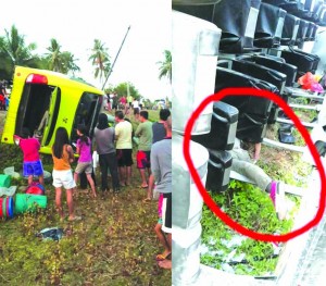 HUMAN ERROR. The ill-fated Southern Star Bus turned turtle in Dimiao town yesterday dawn with two passengers killed and 11 others injured. FotoS show the bus turned sideways in a rice while right foto shows the foot of one of the passengers who died inside the bus when spotted by authorities right after the accident. Killed were Edwin Barog of Inabanga town and Ronaldo Mendez of Ubay town. Fotos: PRENTICE PAUL & WELLA SAW AUDITOR