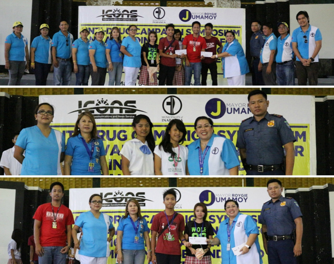 WINNERS 60-SECOND VIDEO CONTEST. Mayor Roygie Jumamoy (top photo, 5th from right) and Councilor Jono Jumamoy (top photo, 1st from right) together with the Municipal Officials - Vice Mayor Ronnie Jumamoy (3rd from right), Councilor Lea Escala (2nd from left), Councilor Nena Melecio (1st from left), Councilor Nanette Vallente (5th from left), Councilor Doyong Salazar (2nd from right), Brgy. Capt. Perlas Milloria (4th from left), Cesar Bautista (3rd from left), Executive Assistant and the panel of judges presented the 1st Prizeto Southern Inabanga High School for their entry entitled â€˜Pili-a Ang Pag Eskwela.â€ The 2nd Prize winner (middle photo) from Inabanga High School and 3rd Prize winner (bottom photo) from Southern Inabanga High School were likewise presented by Mayor Roygie Jumamoy and the panel of judges. (Inabanga Communications and News Service / ICoNS)