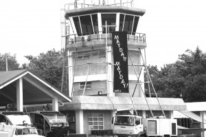 DISTRESS CALL. CAAP control tower in Tagbilaran airport, bears a "Mayday Mayday" banner as plea of the CAAP employees union towards the national administration.