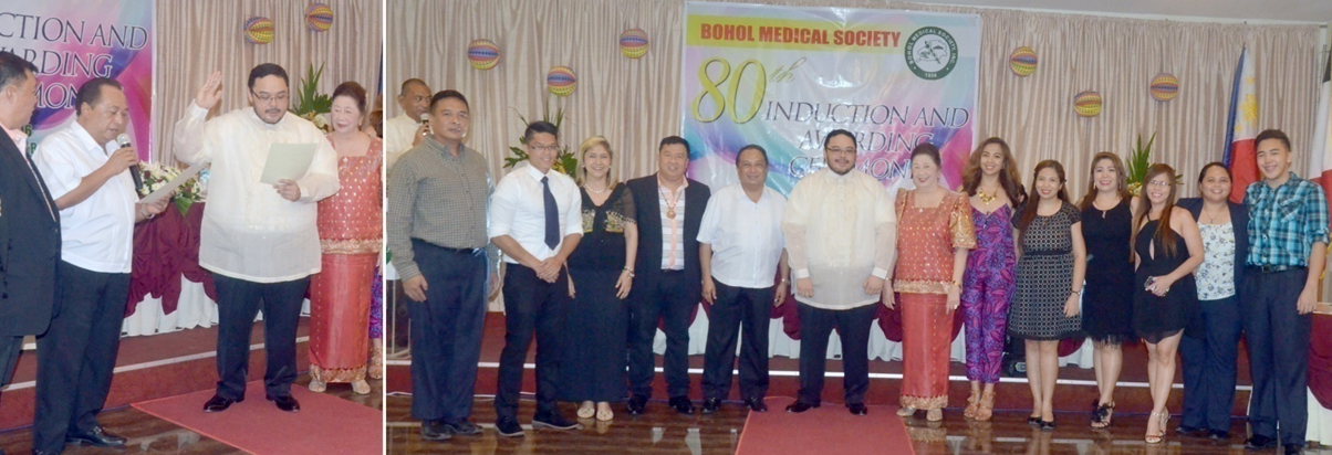 INDUCTED TO OFFICE, Dr. Kazan Benigno S. Baluyot, FPCP, FPCC (left photo) takes his oath of office before Gov. Edgar Chatto. At right are the officers and members of the Bohol Medical Society.
