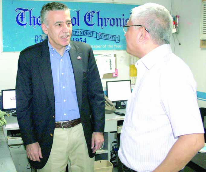 US AMBASSADOR Philip Golsdberg during his visit last year at The Bohol Chronicle offices with BCRC Chairman Peter Dejaresco.